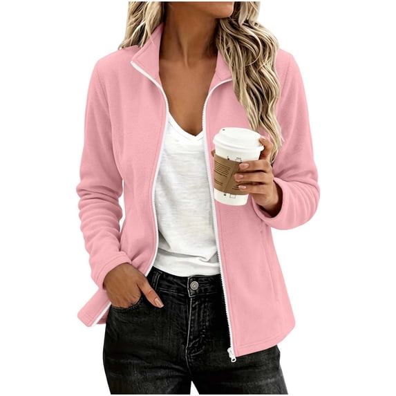 thefmos Women's Full Zip Long Sleeve Fleece Jacket with Pockets Solid Color Casual Outerwear Fashion Fall Winter Outfit, Pink M