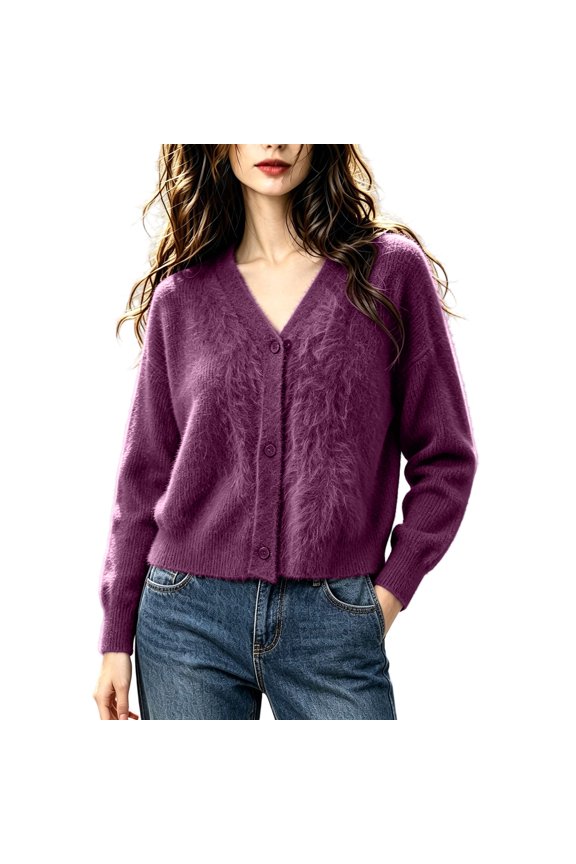 Women's Furry Fuzzy Cardigan Sweaters Open Front Solid Color Long Sleeve Button Up Knit Outerwear Fashion Fall Spring Outfit, Purple M