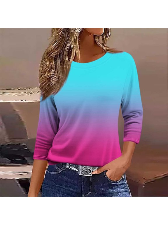 Women's Gradient Print Round Neck T Shirt Top Casual Three Quarter Sleeve Loose Fit Ombre Tee Fashion Spring Fall Clothes, Sky Blue S