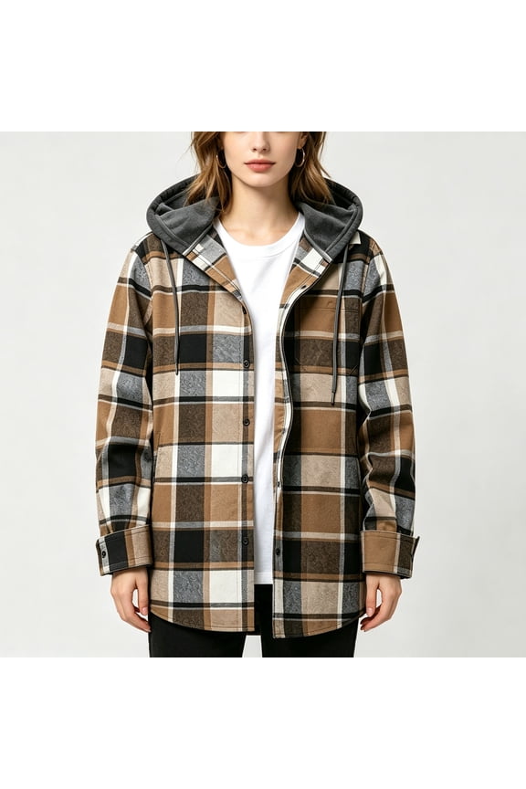 Women's Hooded Button Front Plaid Jacket Color Block Long Sleeve Casual Coat Trendy Fall Winter Outfit, Khaki 3XL