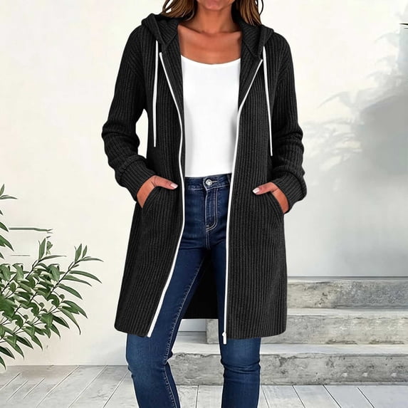 thefmos Women's Hooded Full Zip Cardigan Jacket with Pockets Long Length Solid Color Casual Coat Fashion Fall Winter Outfit, Black S