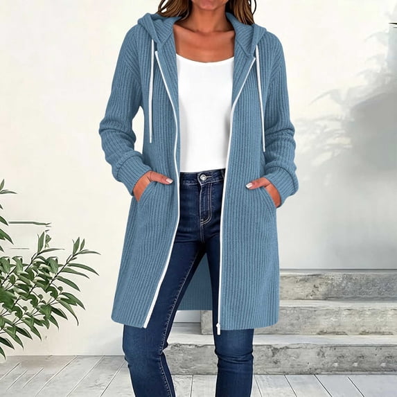 thefmos Women's Hooded Full Zip Cardigan Jacket with Pockets Long Length Solid Color Casual Coat Fashion Fall Winter Outfit, Light Blue XL