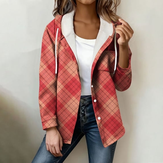 thefmos Women's Hooded Long Sleeve Plaid Jacket Drawstring Casual Loose Fit Open Front Coat Fashion Fall Winter Outfit, Pink M