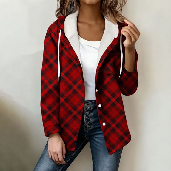 thefmos Women's Hooded Long Sleeve Plaid Jacket Drawstring Casual Loose Fit Open Front Coat Fashion Fall Winter Outfit, Red 2XL