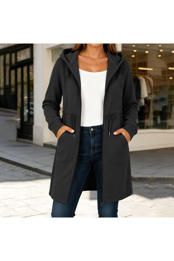 Women's Hooded Zip Up Jacket with Pockets Long Sleeve Solid Color Casual Coat Fashion Fall Winter Outfit, Black S