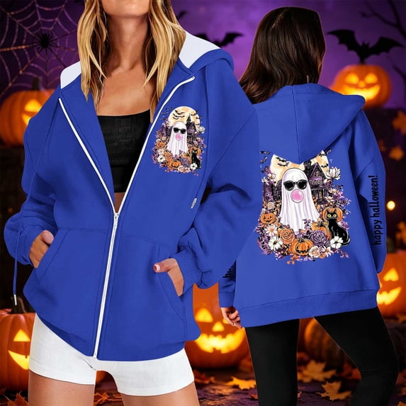 thefmos Women's Hooded Zip Up Long Sleeve Halloween Print Jacket with Pocket Solid Color Casual Outerwear Fashion Fall Winter Outfit, Blue 3XL