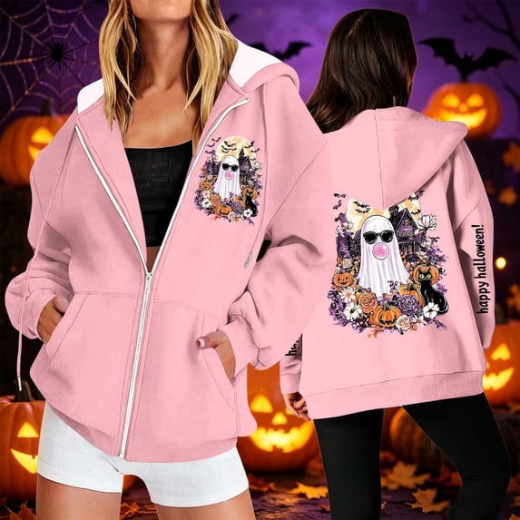 thefmos Women's Hooded Zip Up Long Sleeve Halloween Print Jacket with Pocket Solid Color Casual Outerwear Fashion Fall Winter Outfit, Pink M