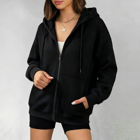 thefmos Women's Hooded Zip Up Sweatshirt with Pockets Drawstring Solid Color Casual Pullover Fashion Fall Winter Outfit, Black XL