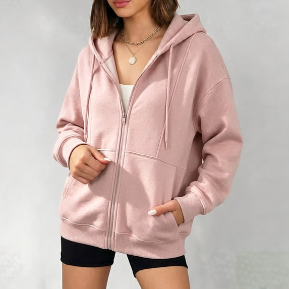 thefmos Women's Hooded Zip Up Sweatshirt with Pockets Drawstring Solid Color Casual Pullover Fashion Fall Winter Outfit, Pink 3XL