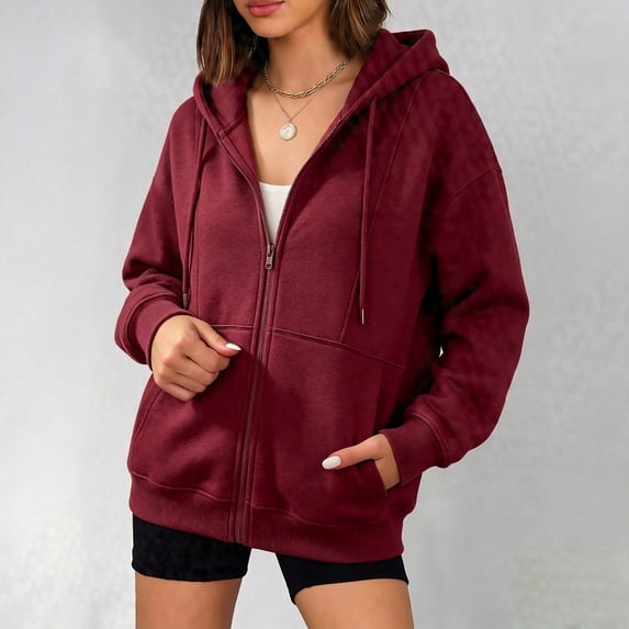 thefmos Women's Hooded Zip Up Sweatshirt with Pockets Drawstring Solid Color Casual Pullover Fashion Fall Winter Outfit, Wine 3XL