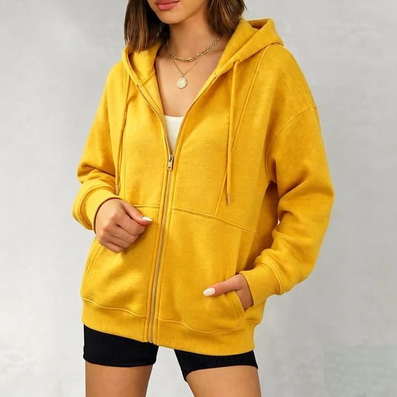 thefmos Women's Hooded Zip Up Sweatshirt with Pockets Drawstring Solid Color Casual Pullover Fashion Fall Winter Outfit, Yellow XL