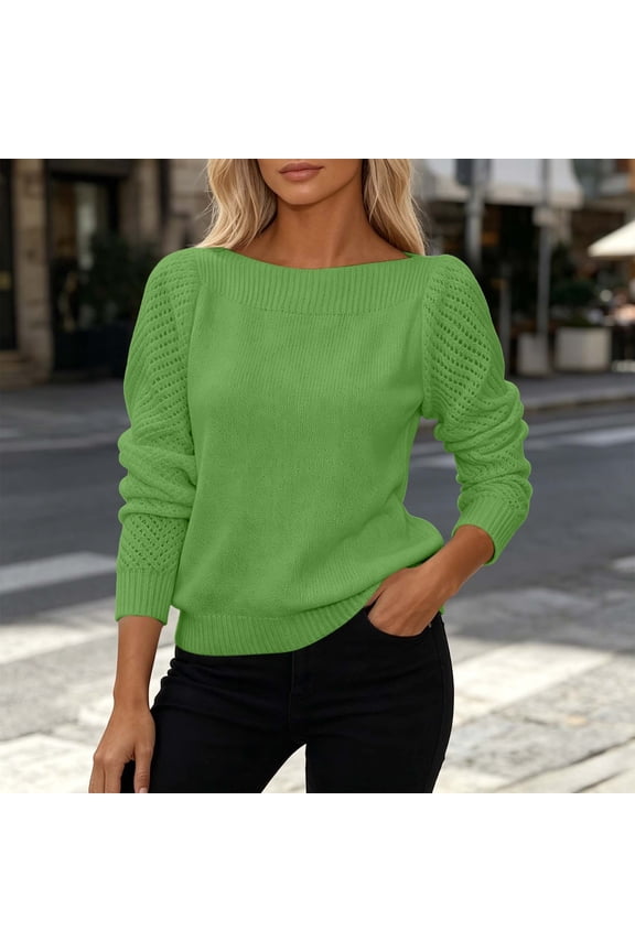 Women's Long Sleeve Cutout Knit Sweater Solid Color Loose Fit Pullover Tops Fashion Fall Winter Outfit, Green L