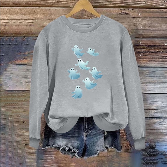 thefmos Women's Long Sleeve Halloween Print Sweatshirt Casual Festive Pullover Spooky Loose Fit Season Fall Fashion Outfit, Gray S