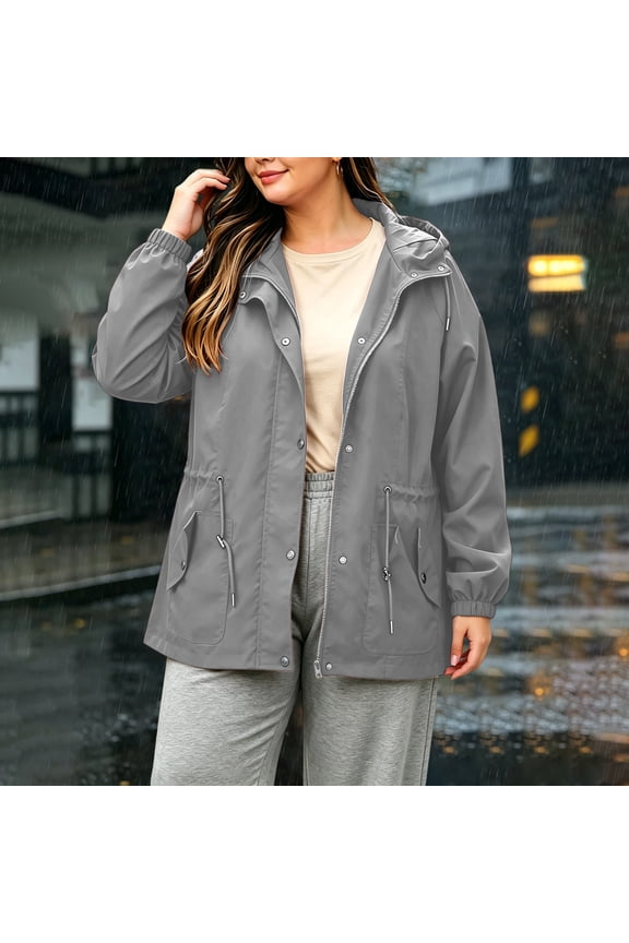 Women's Long Sleeve Hooded Windproof Jacket Loose Solid Color Zip Up Trench Coat Outerwear with Pocket Casual Fall Winter Outfit, Gray 2XL