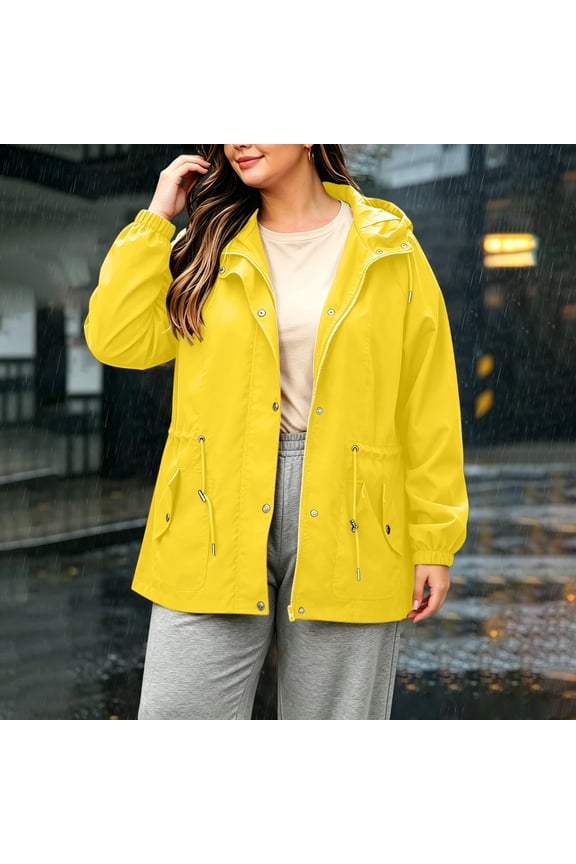 Women's Long Sleeve Hooded Windproof Jacket Loose Solid Color Zip Up Trench Coat Outerwear with Pocket Casual Fall Winter Outfit, Yellow 4XL