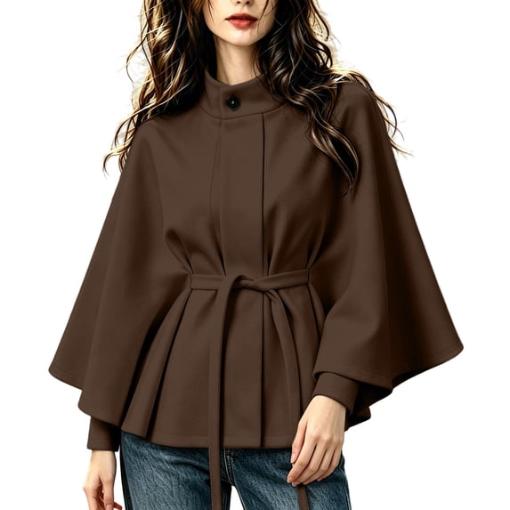 thefmos Women's Long Sleeve Poncho Coat Mock Neck Casual Solid Color Fashion Belted Business Jacket Outerwear Fall Winter Outfit, Brown L