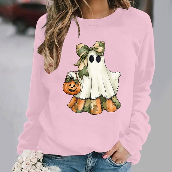 thefmos Women's Long Sleeve Pullover Sweatshirt Halloween Print Lightweight Solid Color Casual Top Trendy Spooky Season Outfit, Pink M