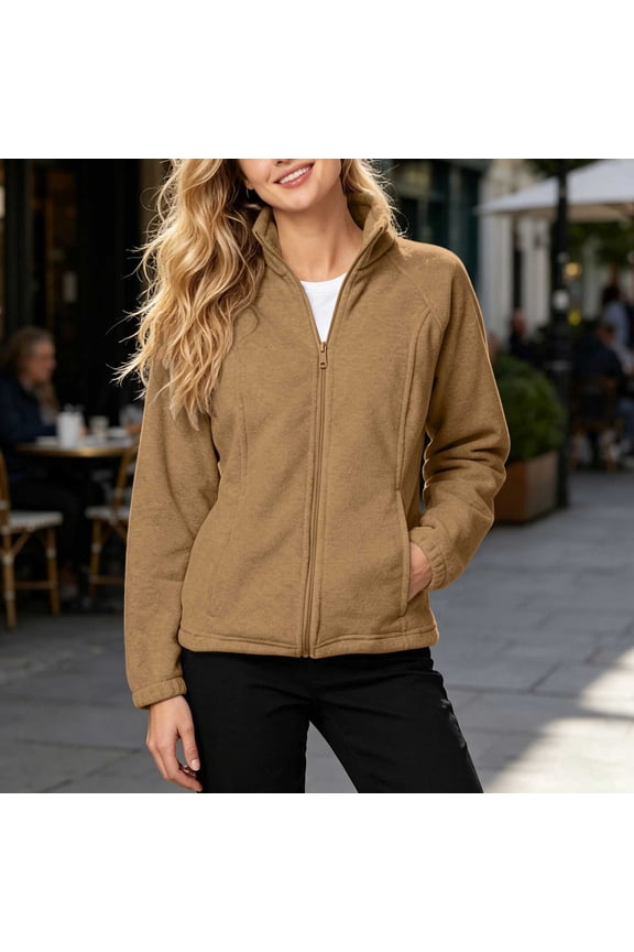 Women's Long Sleeve Solid Color Jacket Lightweight Full Zip Jacket Outdoor Coat With Pockets Casual Fashion Fall Spring Outfit, Khaki M