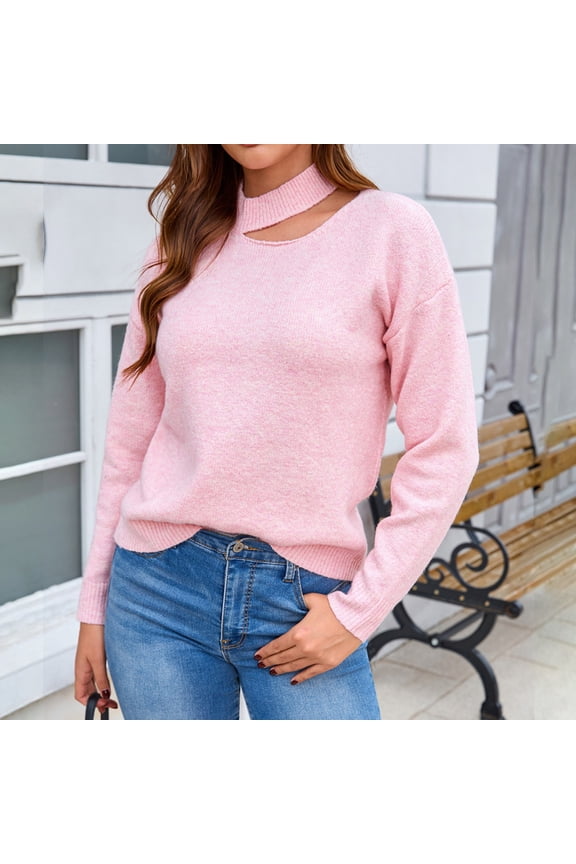 Women's Loose Fit Knit Top Diagonal Cutout Mock Neck Long Sleeve Solid Color Sweater Fashion Casual Fall Winter Outfit, Pink L