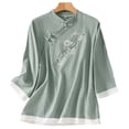 thumbnail image 1 of thefmos Women's Mandarin Collar Embroidered Blouse 3/4 Sleeve Solid Color Casual Top Trendy Spring Fall Outfit, Green 3XL, 1 of 6