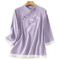 thumbnail image 1 of thefmos Women's Mandarin Collar Embroidered Blouse 3/4 Sleeve Solid Color Casual Top Trendy Spring Fall Outfit, Purple L, 1 of 6