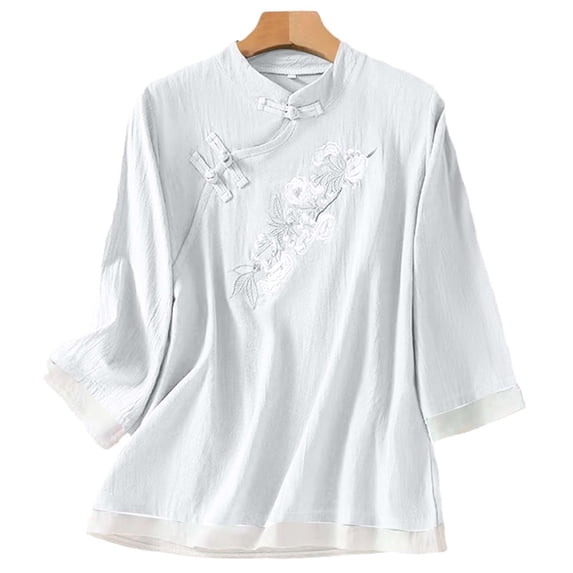 thefmos Women's Mandarin Collar Embroidered Blouse 3/4 Sleeve Solid Color Casual Top Trendy Spring Fall Outfit, White M