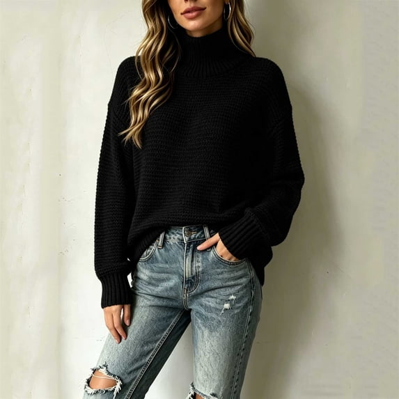 thefmos Women's Mock Neck Long Sleeve Knit Sweater Loose Fit Solid Color Casual Pullover Fashion Fall Winter Clothes, Black L