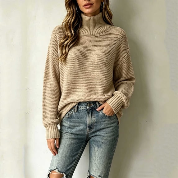 thefmos Women's Mock Neck Long Sleeve Knit Sweater Loose Fit Solid Color Casual Pullover Fashion Fall Winter Clothes, Khaki 2XL