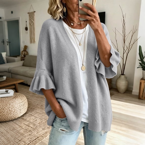 thefmos Women's Open Front Long Sleeve Knit Cardigan Ruffle Sleeves Solid Color Casual Outerwear Fashion Spring Fall Outfit, Gray S