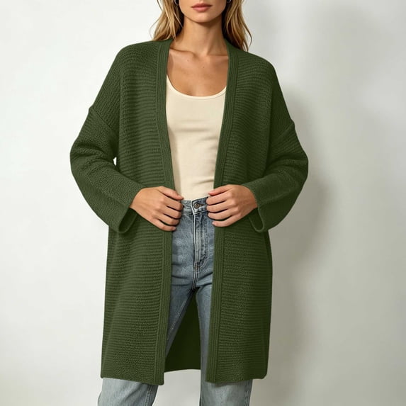 thefmos Women's Open Front Long Sleeve Knit Cardigan Solid Color Casual Loose Fit Outerwear Trendy Fall Winter Outfit, Army Green XL