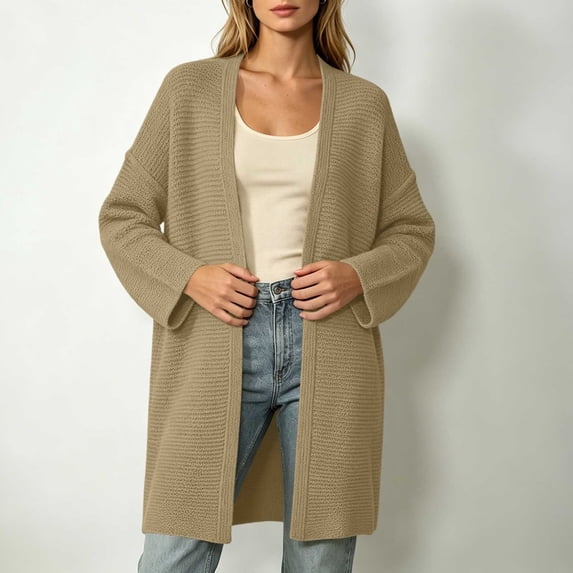 thefmos Women's Open Front Long Sleeve Knit Cardigan Solid Color Casual Loose Fit Outerwear Trendy Fall Winter Outfit, Khaki 3XL