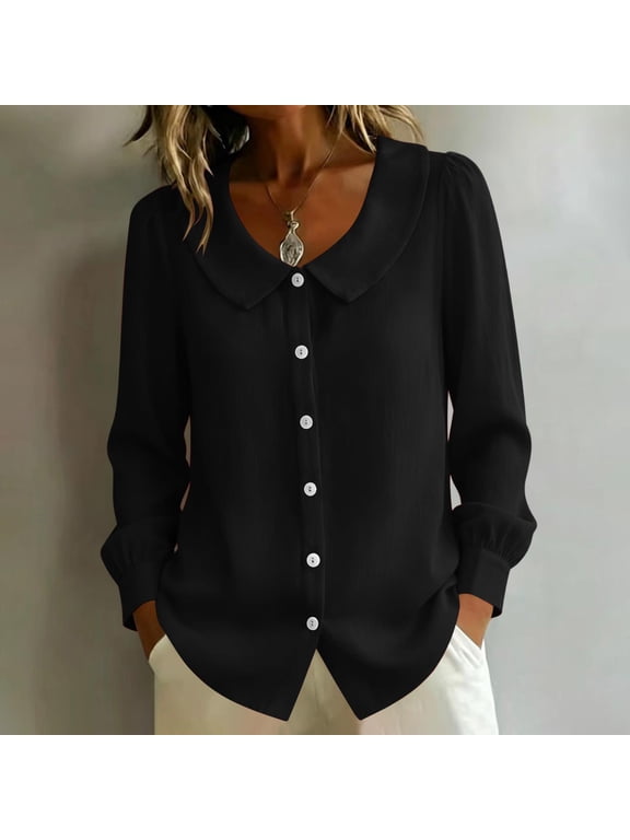 Women's Peter Pan Collar Blouse Puff Sleeves Button Front Loose Fit Top Office Casual Fashion Fall Winter Outfit, Black S