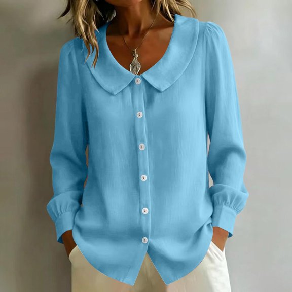 thefmos Women's Peter Pan Collar Blouse Puff Sleeves Button Front Loose Fit Top Office Casual Fashion Fall Winter Outfit, Sky Blue S
