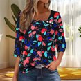 thumbnail image 1 of thefmos Women's Round Neck 3/4 Sleeve Button Pullover Top Print Loose Fit Casual Blouse Fashion Fall Summer Outfit, Blue 2XL, 1 of 5