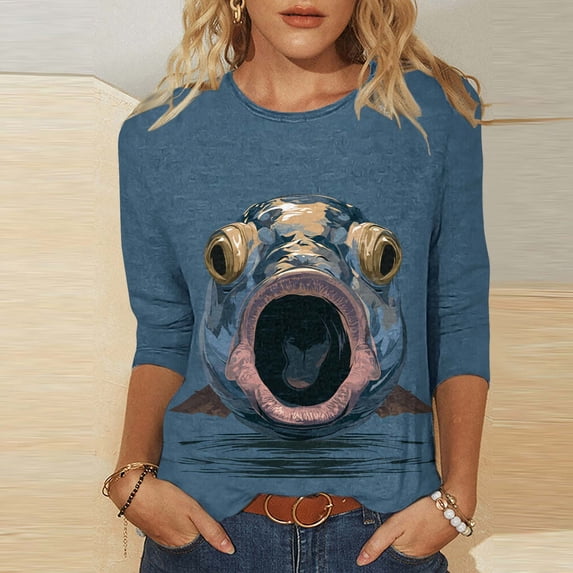 thefmos Women's Round Neck Animal Print Blouse 3/4 Sleeve Solid Color Casual Pullover Tops Fashion Spring Fall Outfit, Multicolor 5XL