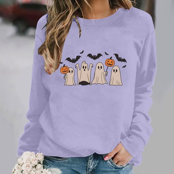 thefmos Women's Round Neck Halloween Print Pullover Sweatshirt Long Sleeve Solid Color Casual Top Fashion Fall Spooky Season Outfit, Purple M