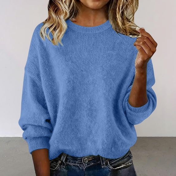 thefmos Women's Round Neck Knit Pullover Sweater Long Sleeve Solid Color Casual Loose Fit Top Fashion Fall Winter Outfit, Blue L