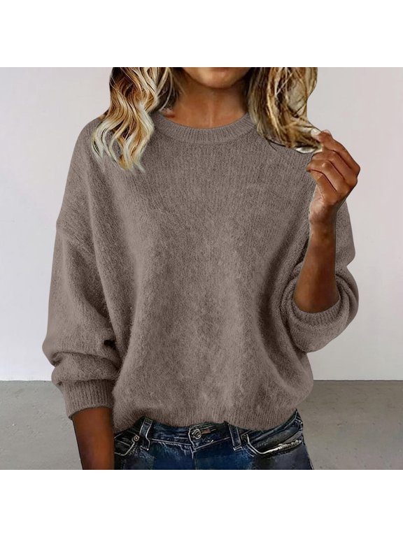 Women's Round Neck Knit Pullover Sweater Long Sleeve Solid Color Casual Loose Fit Top Fashion Fall Winter Outfit, Coffee L