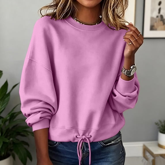 thefmos Women's Round Neck Long Sleeve Pullover Sweatshirt Loose Fit Solid Color Casual Top Fashion Fall Winter Outfit, Pink XL