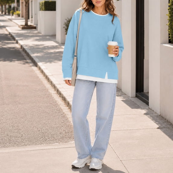thefmos Women's Round Neck Loose Fit Pullover Sweatshirt Long Sleeve Solid Color Casual Top Trendy Fall Outfit, Blue XL