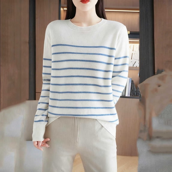 thefmos Women's Round Neck Striped Knit Sweater Long Sleeve Solid Color Casual Pullover Fashion Fall Winter Outfit, Blue L