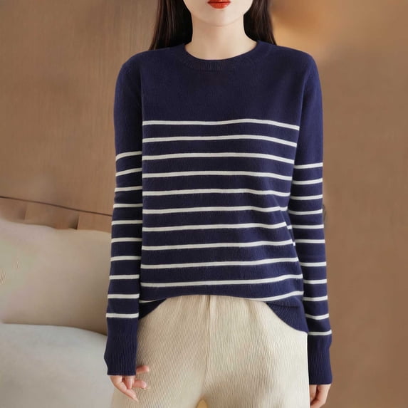 thefmos Women's Round Neck Striped Knit Sweater Long Sleeve Solid Color Casual Pullover Fashion Fall Winter Outfit, Navy L