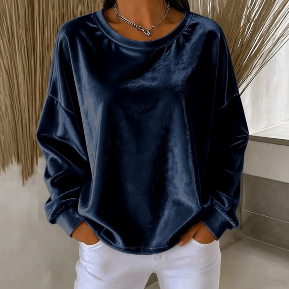 thefmos Women's Round Neck Velvet Pullover Top Long Sleeve Solid Color Casual Loose Fit Sweatshirt Trendy Fall Winter Outfit, Navy L