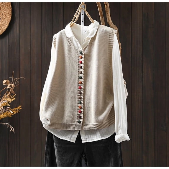 thefmos Women's Sleeveless Button Front Knit Vest Colorful Buttons Loose Fit Solid Color Casual Jacket Trendy Fall Winter Clothes, Beige Free Size