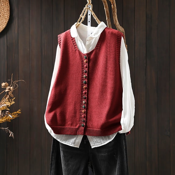 thefmos Women's Sleeveless Button Front Knit Vest Colorful Buttons Loose Fit Solid Color Casual Jacket Trendy Fall Winter Clothes, Red Free Size