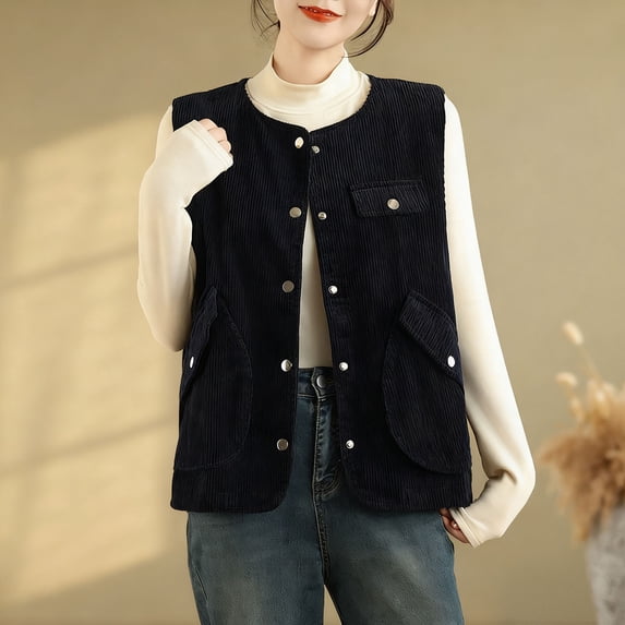 thefmos Women's Sleeveless Button Front Vest with Pockets Loose Fit Solid Color Casual Outerwear Fashion Fall Spring Outfit, Navy L