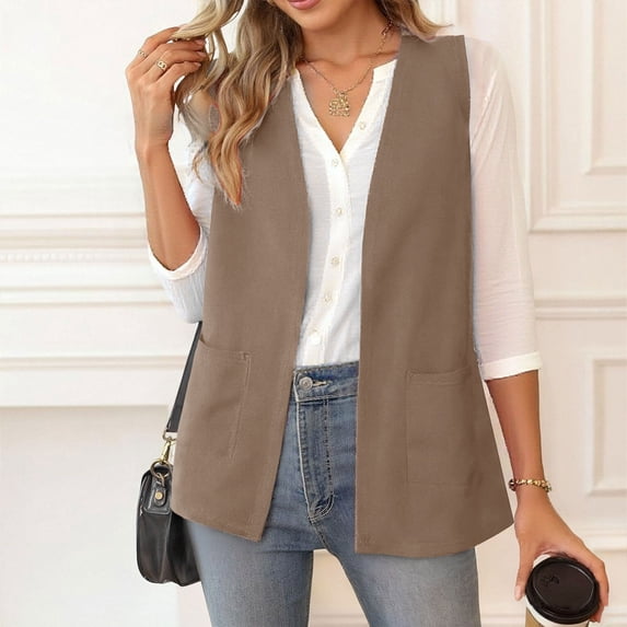 thefmos Women's Sleeveless Collarless Vest Open Front Blazer Solid Color Casual Outerwear Trendy Spring Fall Outfit, Khaki 3XL