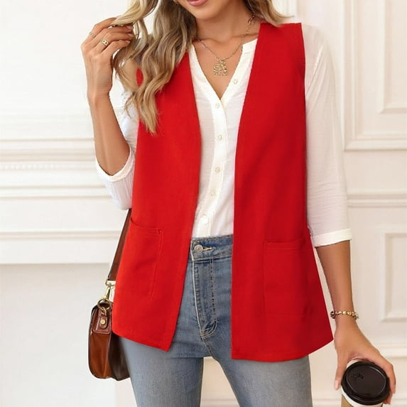 thefmos Women's Sleeveless Collarless Vest Open Front Blazer Solid Color Casual Outerwear Trendy Spring Fall Outfit, Red M