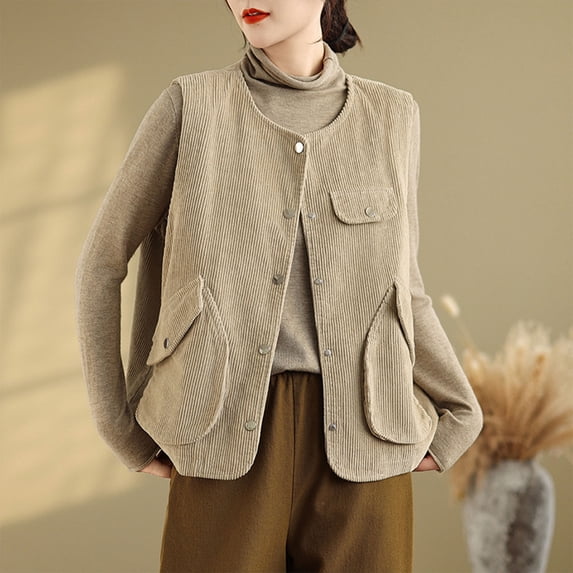 thefmos Women's Sleeveless Knit Vest with Chest Pocket Solid Color Casual Coat Fashion Spring Fall Outfit, Beige 2XL