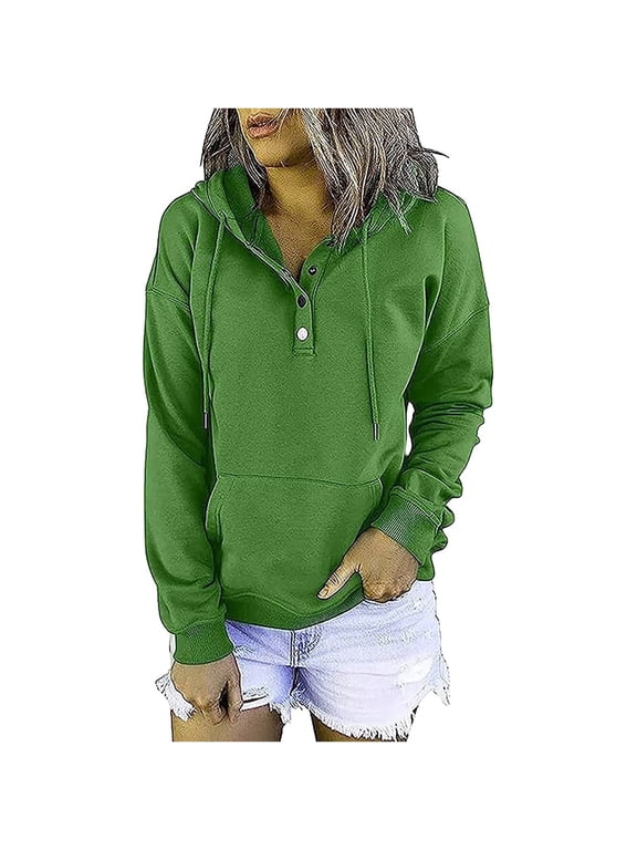 Women's Solid Color Snap Button Hooded Long Sleeve Pullover Sweatshirt Casual Snap Hoodie Trendy Fall Spring Outfit, Green S